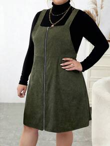 EMERY ROSE Plus Size Autumn Simple Zipper Corduroy Strap Dress - Army Green - View 5
