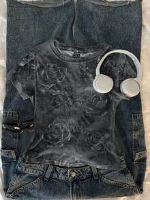 Attitoon Áo thun nữ cổ tròn rộng rãi họa tiết vương miện hoa hồng tông màu xám phong cách Punk cổ điển giản dị, thích hợp cho mùa thu/đông, phong cách cổ điển, gợi cảm, dễ thương, Y2K, cô gái dừa, boho, hippie, lễ hội âm nhạc - Nhiều màu - Xem 5