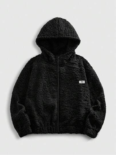 Sudadera con capucha de forro polar con cremallera y parche de letra casual para hombre, otoño/invierno