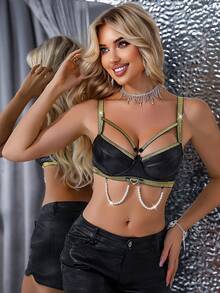 MidnightGlam Black PU With Silver Glitter Ribbon, Decorated With Pearl Chain & Heart Metal Buckle Design, Luxurious & Sexy Women Bra Bow Lingerie Set Chain Lingerie Rhinestone Lingerie Set Bandage Lingerie Set Satin Lingerie Set - Black - View 4