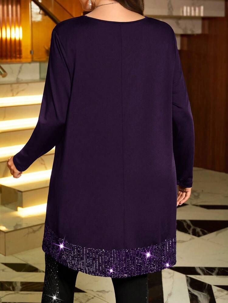 Maglietta lunga di design alla moda, con scollo a V, maniche lunghe, paillettes, orlo asimmetrico, taglio ampio, colore tinta unita, adatta per donna taglia grande, per occasioni eleganti, feste, casual, Natale, Capodanno, appuntamenti, San Valentino, uscite, primavera, semplice e alla moda per uso quotidiano