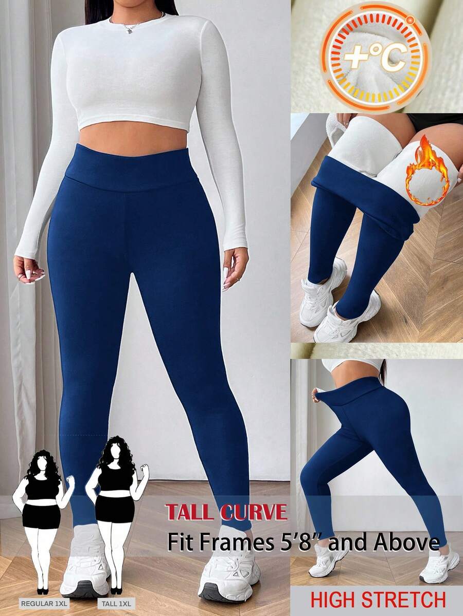 SHEIN Tall CURVE Plus Size Women's High Waist Thick Warm Leggings For Autumn And Winter Thermal - Royal Blue - View 1