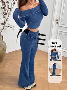 SHEIN PETITE Women's Denim Suit: Sexy Off-Shoulder Top + Slim-Fitting Flare Pants,Autumn/Winter Casual Two-Piece Set - Dark Wash - View 1