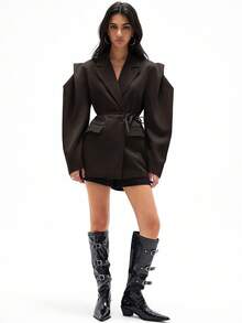 Aveloria Affinna 宽松休闲通勤百搭超宽肩廓形收腰设计纯色西装外套 - 咖啡棕 - 查看 3