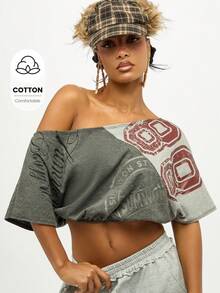 SUMWON WOMEN Off Shoulder Graphic Print Crop Top Oversized T-Shirt Distressed Vintage Varsity Collegiate Style Fashion Fall Winter Casual Loungewear - Grey - View 1
