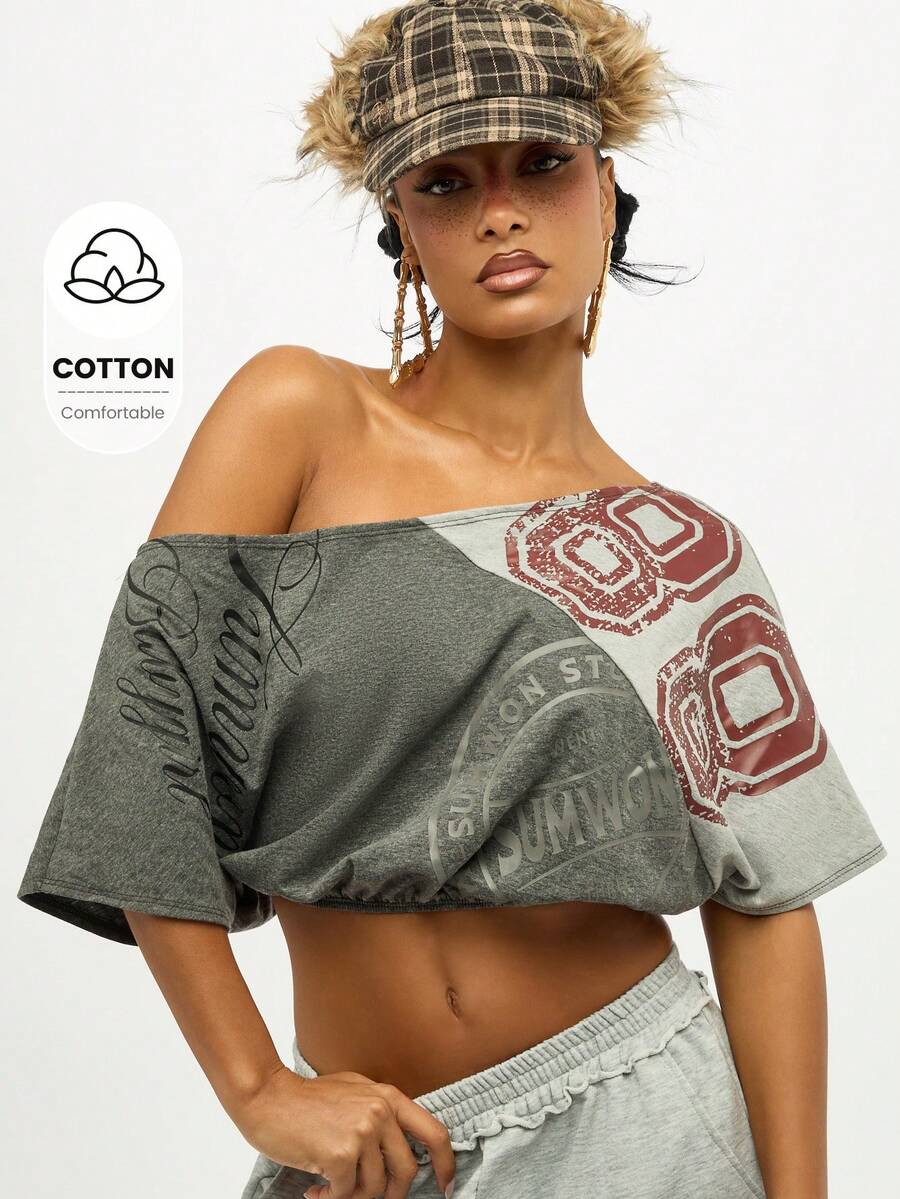 SUMWON WOMEN Off Shoulder Graphic Print Crop Top Oversized T-Shirt Distressed Vintage Varsity Collegiate Style Fashion Fall Winter Casual Loungewear - Grey - View 1