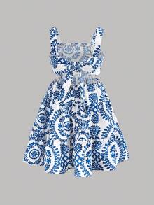 Emery Rose Kids Emery Rose Kids Young Girl Blue Totem Print Detachable Bow Decor Dress, Fashionable Design Suitable For Outdoor Vacation Blue And White Floral Dress Girls Open Back Dress For Kids Twirl Dress Girls Tween Blue And White Dress