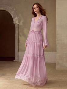 MOTF PREMIUM WOMEN'S LACE PATCHWORK LONG DRESS, AUTUMN/WINTER - Violet Purple - View 4