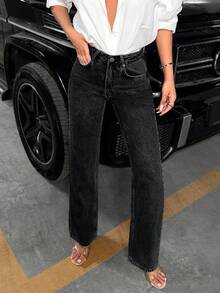 SHEIN 100%Cotton Women's Casual High Waist Straight-Leg Jeans - Black - View 6