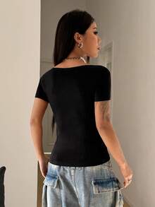 StreetHx Damen Sommer eng anliegendes U-Ausschnitt T-Shirt, Punk Subkultur Anime gestreiftes Basic figurbetontes V-Ausschnitt Kurzarm T-Shirt - Verschiedenfarbig - Übersicht 7