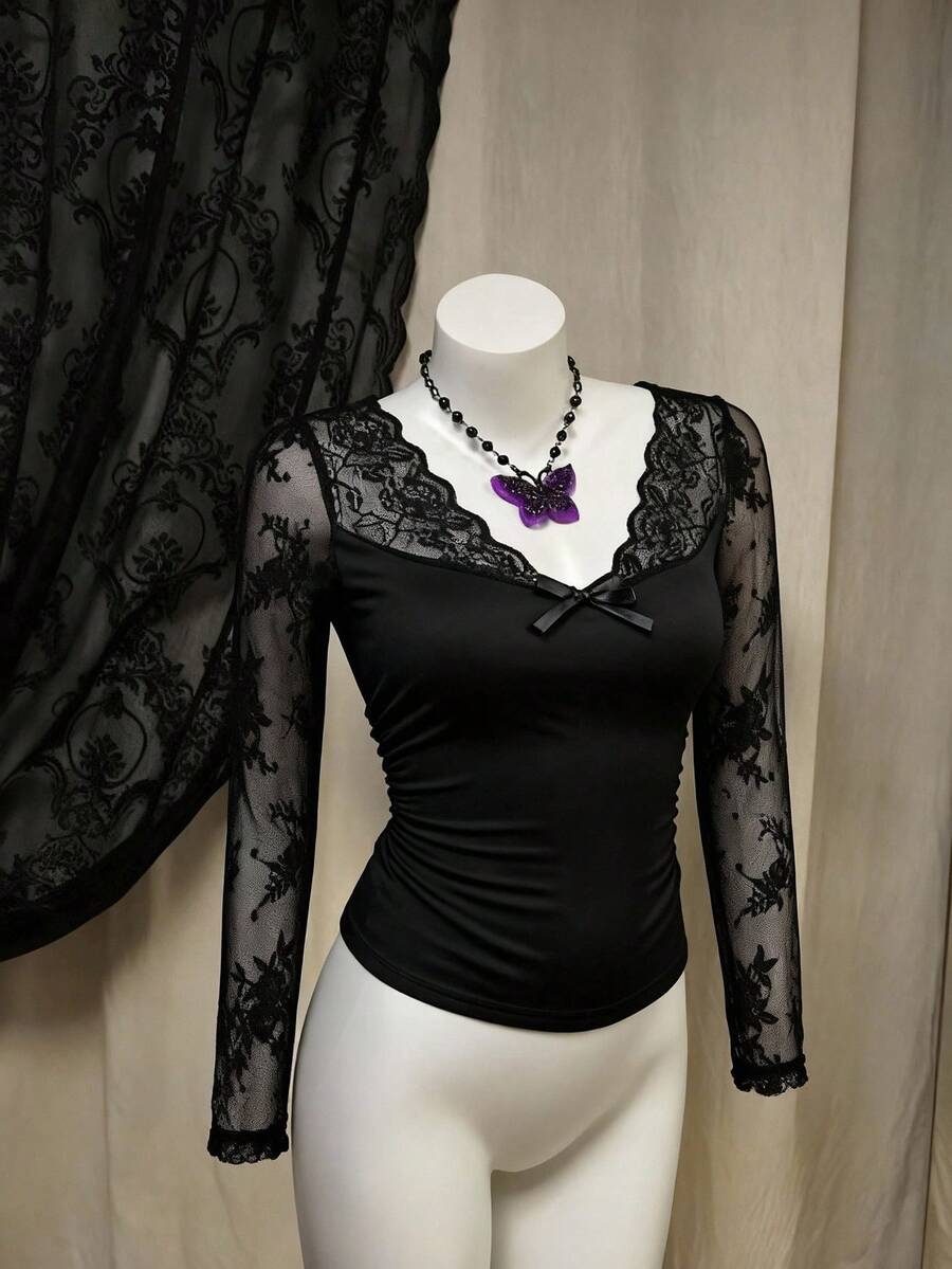 Sunspun Women's Solid Black Lace Splice V-Neck Sexy Elastic Knit Slim Fit Long Sleeve T-Shirt, Cute Bow Tie Collar, Suitable For Daily Wear, Spring & Autumn - Black - View 1