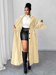 Maweii Plus Size Women's Plus Size Long Puff Sleeve Asymmetric Wool Blend Coat, High Waist, Fashion Winter Outerwear - Apricot - View 6