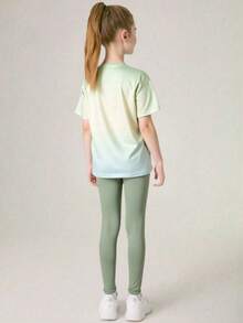 SHEIN 青少年女孩两件套：T 恤 + 紧身裤，瑜伽/运动/跑步锻炼，弹力，彩色，校园/街头风格运动服 - 薄荷綠 - 查看 2