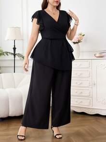 SHEIN Clasi 大码女士优雅纯色上衣和裤子两件套 - 黑色 - 查看 2