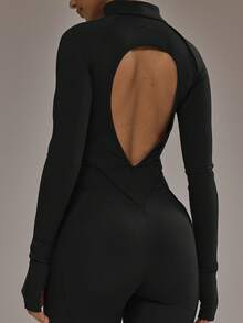 Musera Sport Contrast Piping Zip Through Open Back Fitted Long Sleeve Jumpsuit Padel Autumn Fall Winter Activewear Sport Gym Workout - Black - View 3