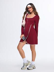 Eassivo Eassivo Women's Wine Red Contrast Trim Long Sleeve Active Dress, Square Neck Skater Dress, Casual Fit And Flare,Women's Casual Contrast Trim Long Sleeve Sports Dress - Burgundy - View 2