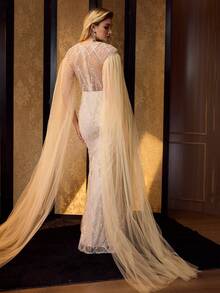 MOTF Soiréza ELEGANT ULTRA-LONG TULLE SLEEVE ROUND NECK FLOOR-LENGTH MERMAID EVENING GOWN – SHEER FRONT & BACK DESIGN DRESS WITH SPARKLY BEADED FABRIC ACCENTS, FITTED SILHOUETTE FOR WEDDINGS, GALAS & SPECIAL OCCASIONS FOR WOMEN - Champagne - View 4