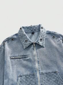 ROMWE MEN Street Life Men's Loose Fit Denim Jacket With Pearl Embellishment - Blue - View 3