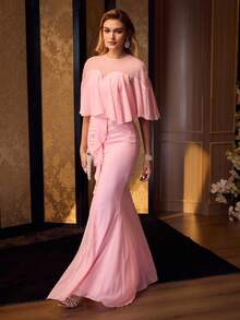 MOTF Soiréza WOMEN'S ELEGANT ROUND NECK CAPE SLEEVE CHIFFON FLOOR-LENGTH PARTY GOWN – RUFFLED TRIM MERMAID HEM DRESS WITH SLIT & SHEER BACK DETAIL, IDEAL FOR WEDDINGS, BIRTHDAYS & COCKTAIL EVENINGS, STYLE WITH DAINTY EARRINGS & STRAPPY HEELS - Pink - View 7