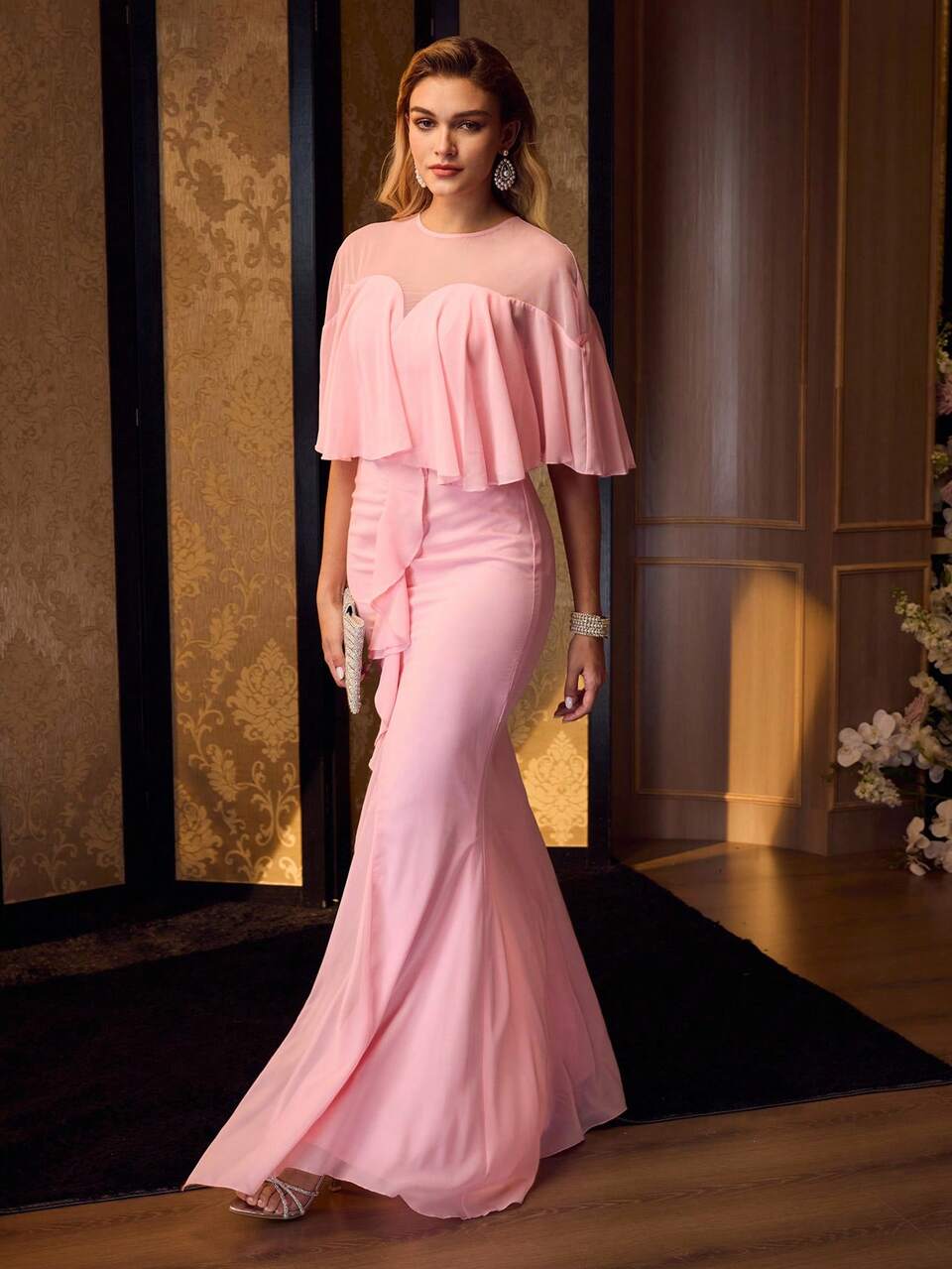 MOTF Soiréza WOMEN'S ELEGANT ROUND NECK CAPE SLEEVE CHIFFON FLOOR-LENGTH PARTY GOWN – RUFFLED TRIM MERMAID HEM DRESS WITH SLIT & SHEER BACK DETAIL