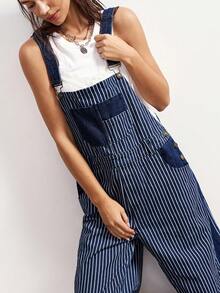 SHEIN BohoFeels 新年、圣诞节、情人节女士休闲宽松条纹连体裤 - 藍色 - 查看 1