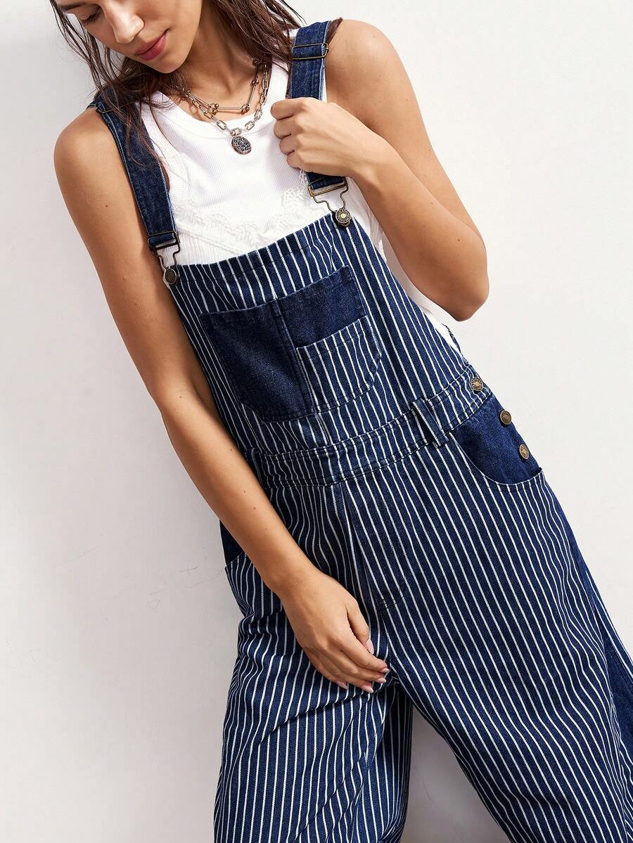 SHEIN BohoFeels 新年、圣诞节、情人节女士休闲宽松条纹连体裤 - 藍色 - 查看 1