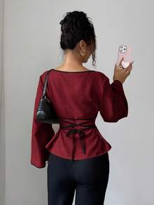 Siren Gaze Áo sơ mi dài tay buộc eo thanh lịch dành cho nữ, thích hợp mặc đi làm vào mùa thu - Đỏ - Xem 2