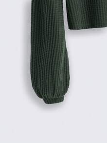 ROMWE Kawaii Áo thun nữ tay lỡ phối ren chéo vai họa tiết bánh quế tương phản mùa thu - xanh quân đội - Xem 4