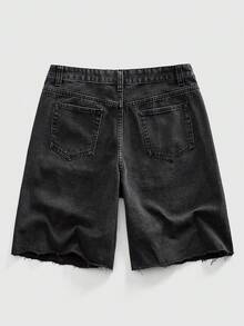 ROMWE MEN Men's Gothic Print Frayed Hem Fashionable Versatile Washed Denim Shorts - Black - View 2