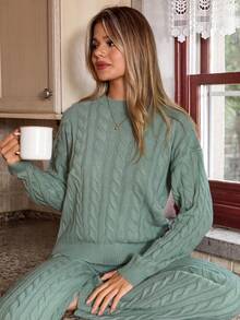 EURMUSE Monochromatic Drop Shoulder Cable Knit Sweater And Knitted Pants Two-piece Set - Mint Green - View 5