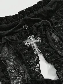 ROMWE Goth Elegant Stand Collar Velvet & Lace Patchwork Tie-Up Waist Flare Sleeve Mini Dress - Black - View 3