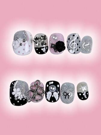 Kawaii Puntas de uñas postizas hechas a mano con alas de metal en forma de corazón romántico con encaje, nota musical y serie rosa, estilo de bailarina, adecuadas para salidas diarias y citas. Producción masiva, diseño enérgico para niñas.