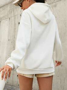 EURMUSE 100%Cotton Letter Graphic Drop Shoulder Drawstring Hoodie - White - View 2