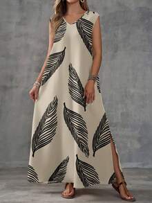 EMERY ROSE 女士休闲树叶图案V领长裙，适合秋夏季 - 彩色 - 查看 5