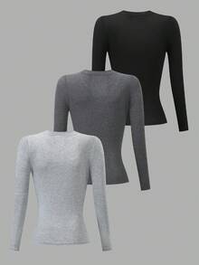 INAWLY 3pcs Women's Solid Color Fitted Long Sleeve Crew Neck T-Shirts - Multicolor - View 2