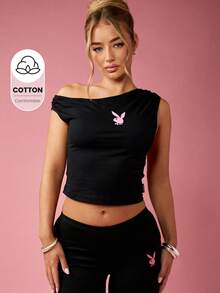 Missguided x Playboy Áo crop top hở vai Logo thỏ nhỏ Câu lạc bộ khiêu vũ yoga Tiệc lễ hội Mùa hè Thời trang đường phố Co giãn Ôm sát Hiện đại Sang trọng - màu đen - Xem 1