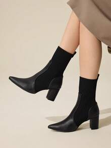 CUCCOO BASICS Botas de tacón alto grueso de media pantorrilla versátiles y cómodas para mujer - Negro - Ver 1