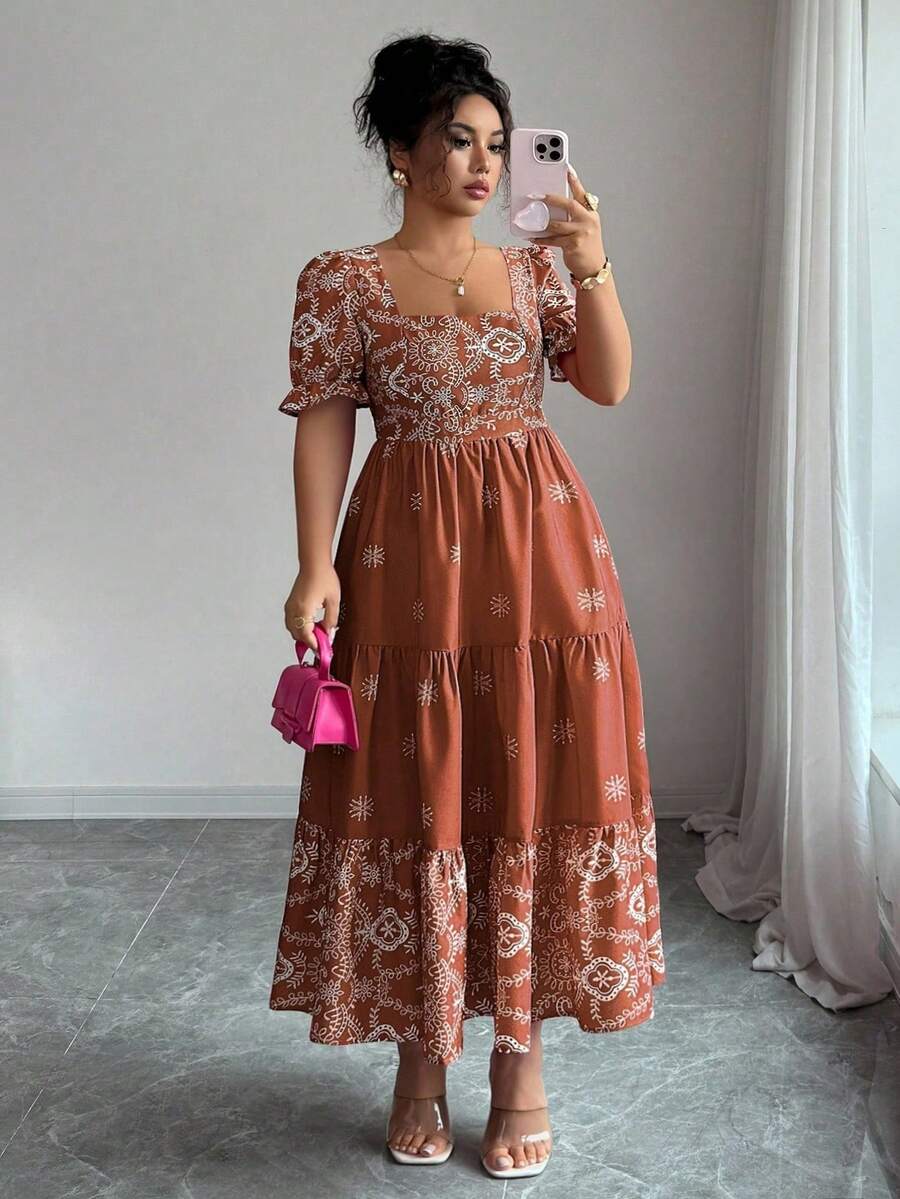 Elenzga 大码女式印花方领收腰A字优雅度假及休闲通勤短袖连衣裙 - 棕色 - 查看 1