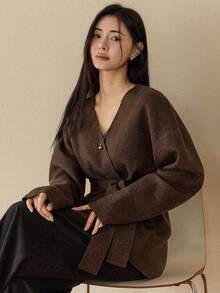 Dazy-Less Women's Loose Business Casual Elegant Tie-Front Cardigan Sweater, Suitable For Autumn, Spring, Winter, Street Style, New Year, Christmas - Brown - View 6