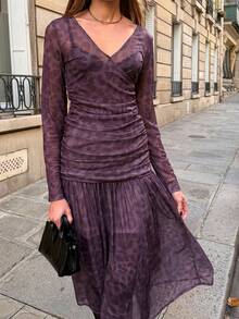 SHEIN PariChic Mesh Printed Leopard Pattern Maxi Dress With Long Sleeve Criss-Cross Neck Long Sleeve T-Shirt Purple Midi Dress Long Sleeve Midi Dress Purple Ruched Dress Purple Wrap Dress Pleated Midi Dress Purple Two Piece Set Women Pleated Skirt Set 2 Piece Skirt Sets Woman - Brown - View 6