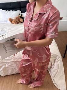 Dream Adore Women's Elegant Leopard Print Lapel Faux Silk 2 Pieces Pajama Set Satin Sleepwear Set - Pink - View 4