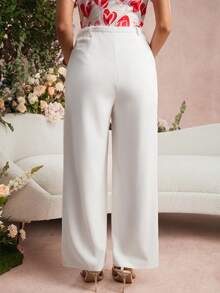 SHEIN 孕妇纯色直筒宽松休闲裤，带腰带环，适合情人节、婚礼派对等场合，白色阔腿裤 - 白色 - 查看 2