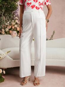 SHEIN 孕妇纯色直筒宽松休闲裤，带腰带环，适合情人节、婚礼派对等场合，白色阔腿裤 - 白色 - 查看 7