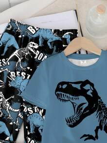 男婴休闲风可爱恐龙卡通动物街头涂鸦Y2K运动宽松圆领短袖上衣和裤子套装 - 彩色 - 查看 4