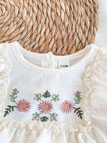 SHEIN Vintaside Kids Body bébé fille élégant et doux à fleurs brodées en apricot, printemps/été - Nude - Voir 5