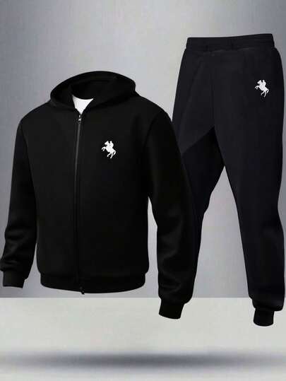 SHEIN 青少年男孩黑色简约超大撞色小印花卫衣卫衣和裤子套装，休闲，学院风，舒适，时尚，百搭，面料柔软，适合日常穿着、上学、郊游、户外活动、秋冬季