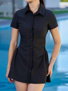 Andrea Bello 腰线衬衫裙，休闲性感迷你女装时尚 - 黑色 - 查看 3