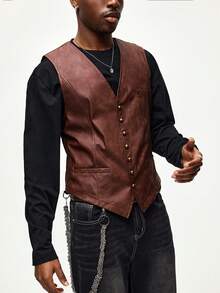 ROMWE MEN Men's Fashionable Retro Gothic Style PU Leather Vest - Brown - View 6