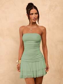 SHEIN BAE Solid Yellow Cream Ruched Bodycon Ruffled Hem Mini Dress, Cute Summer Dress, Brunch Dress, Yellow Dress - Mint Green - View 3