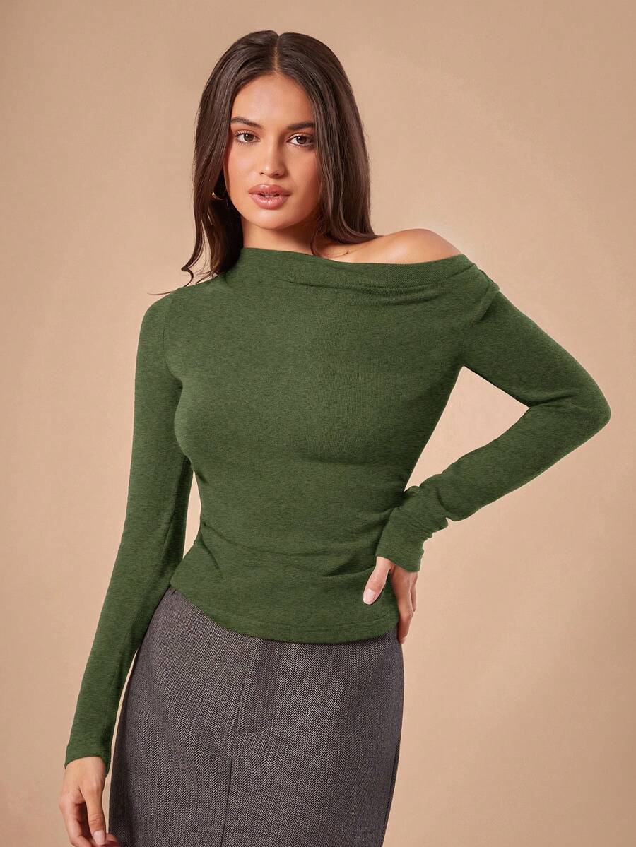 SHEIN Forever 21 F21 女士纯色简约优雅日常长袖修身T恤 - 綠色 - 查看 1